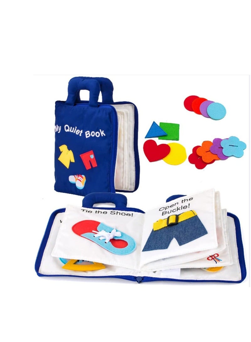 Activity Quiet Book - Travel Toy Cloth Book for Toddlers - 10 Topics, Activities for Early Learning How to Basic Life Skills for Toddlers, Interactive Book for Busy Boys and Girls (Blue)