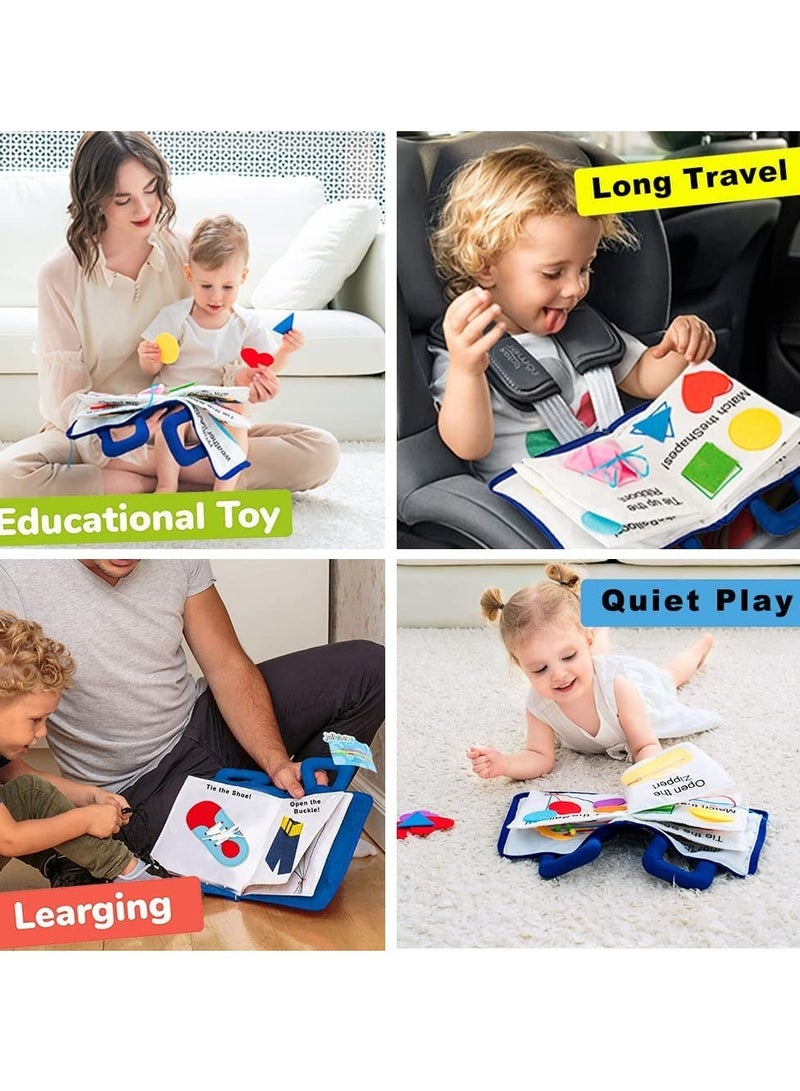 Activity Quiet Book - Travel Toy Cloth Book for Toddlers - 10 Topics, Activities for Early Learning How to Basic Life Skills for Toddlers, Interactive Book for Busy Boys and Girls (Blue)