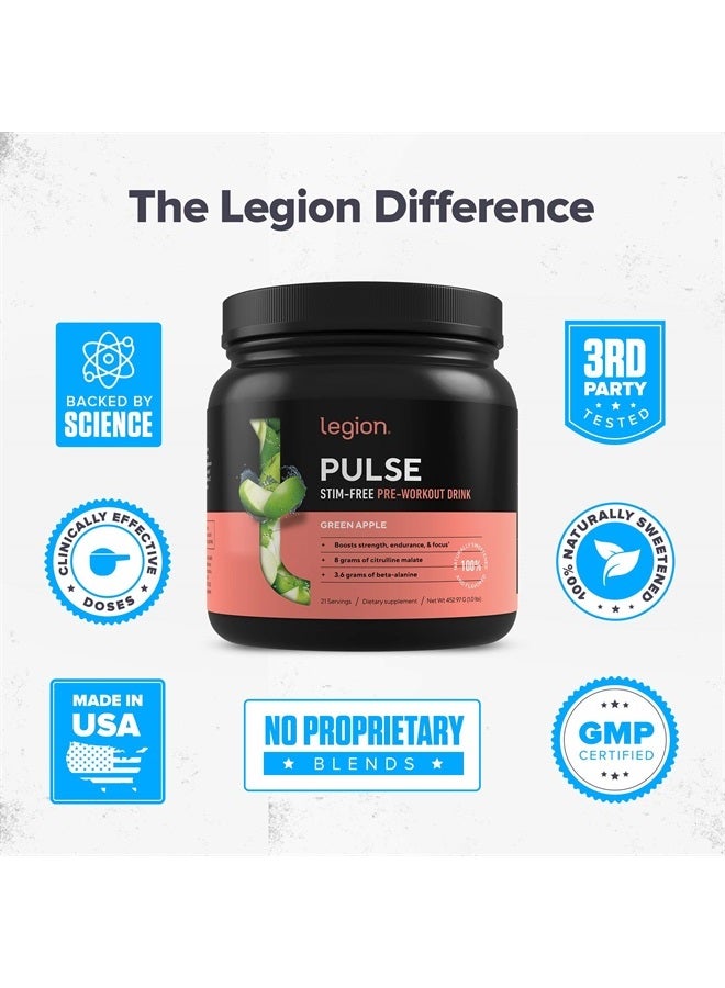 Pulse Pre Workout Supplement - All Natural Nitric Oxide Preworkout Drink to Boost Energy, Creatine Free, Naturally Sweetened, Beta Alanine, Citrulline, Alpha GPC (Caffeine Free Green Apple)