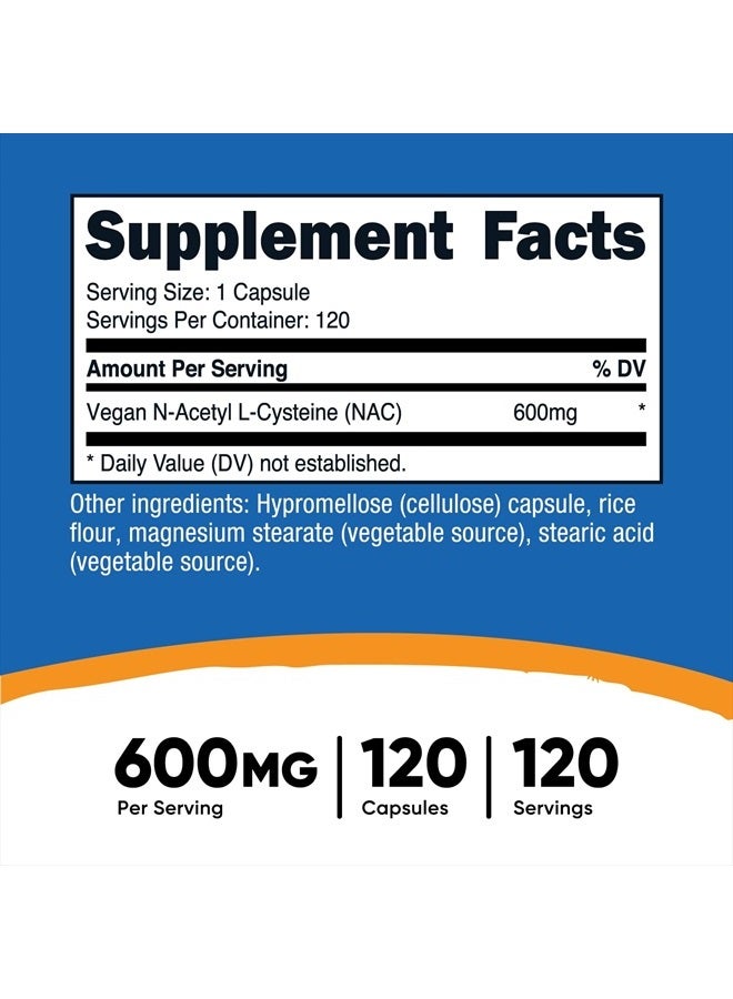 N-Acetyl L-Cysteine (NAC) 600mg, 120 Vegetarian Capsules - Non-GMO, Gluten Free, Vegetarian Caps