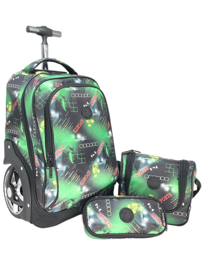 Big Wheel School Trolley For Kids Green abstract design 18 Inch Include Lunch Bag And Pencil Pouch