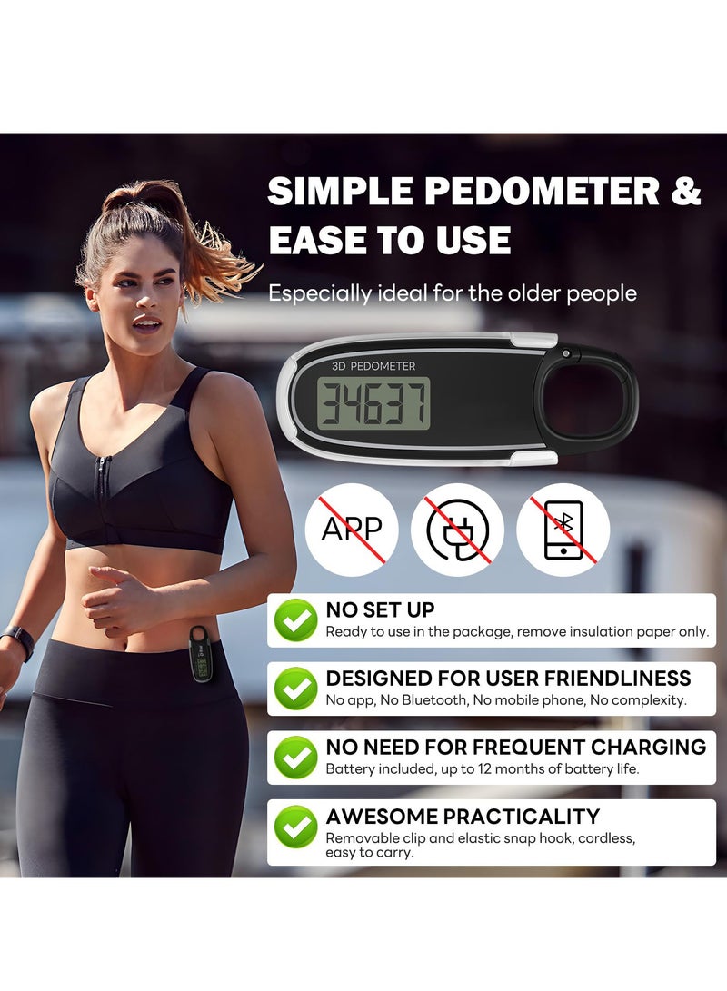 3D Pedometer for Walking with Removable Clip and Snap Hook Automatically Correct Small and Portable Simple Step Counter Accurate Walking Step Tracker with Big Digital Display for Men Women Black