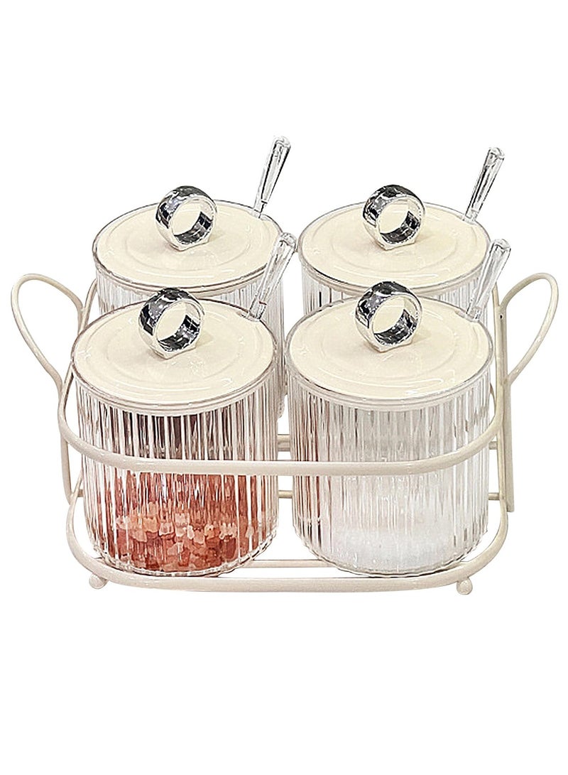 Seasoning Box 4 Piece Clear Acrylic Condiment Spice Jars Condiment Pot With Spoons Lids and Iron Tray Salt Container Sugar Bowl Clear Canisters for Kitchen Home Salt Paprika Sugar