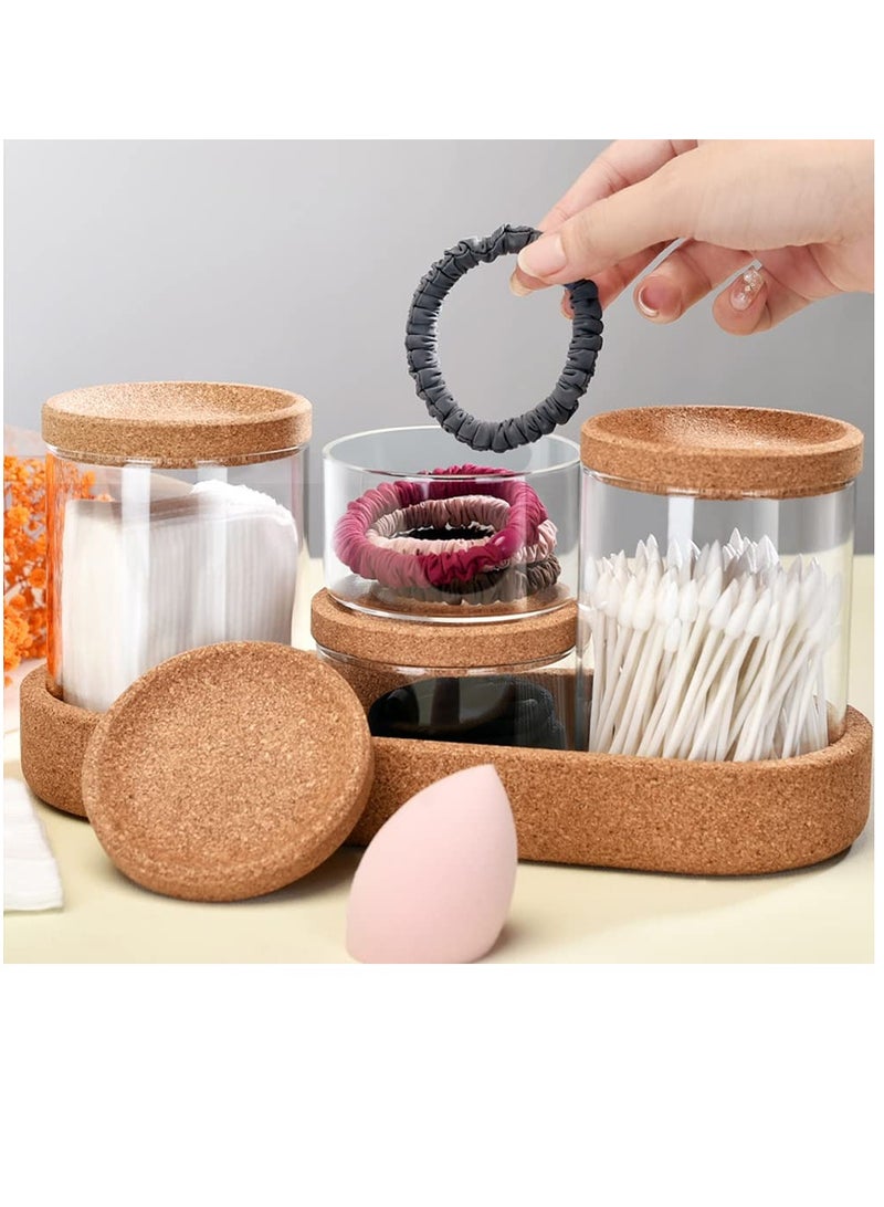 4 Pcs Glass Canister Bathroom Storage Organizer Apothecary Glass Jars Spice Jars with Lids for Cotton Swabs Pads Salts Sponges Hair Accessories Counter Sugar Cookie Herb Spice Glass and Tray