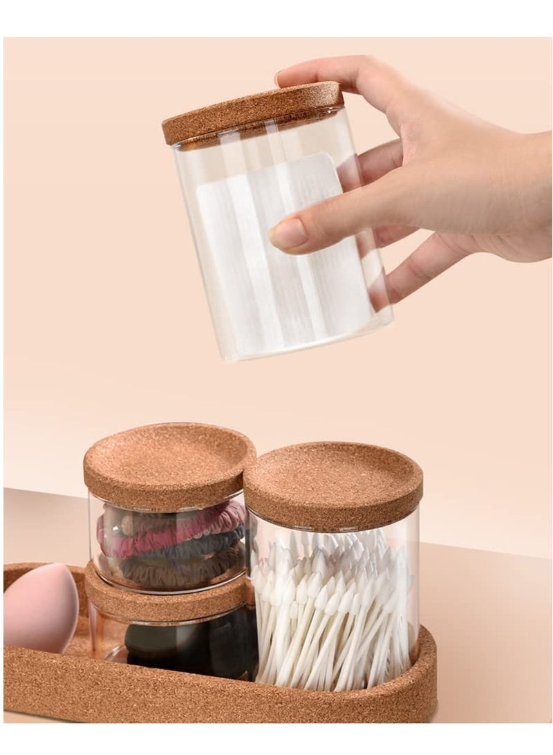 4 Pcs Glass Canister Bathroom Storage Organizer Apothecary Glass Jars Spice Jars with Lids for Cotton Swabs Pads Salts Sponges Hair Accessories Counter Sugar Cookie Herb Spice Glass and Tray