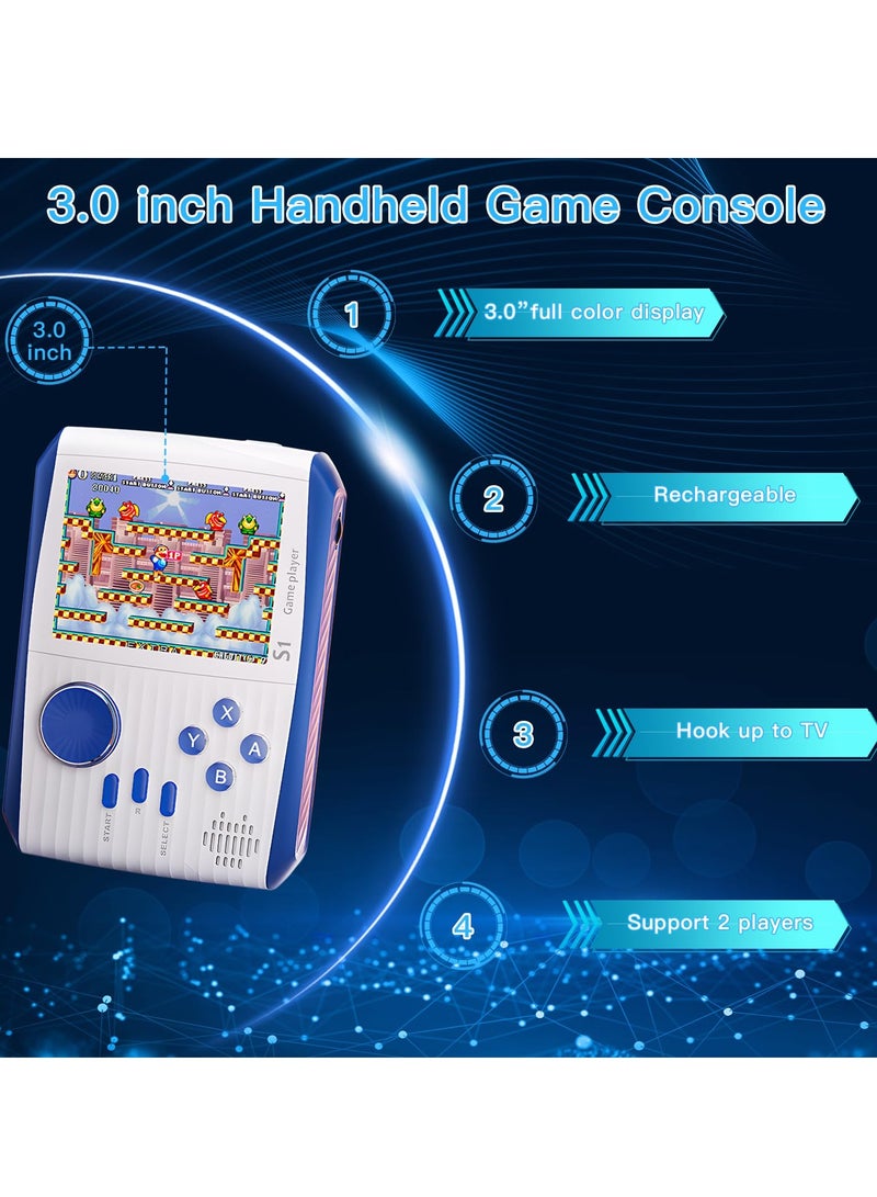 Retro Handheld Games Mini Video Games Console 3.0'' LCD Screen Retro Handheld with Rechargeable Battery Support 2 Players and TV Handle Connection Birthday for Boys Girls and Adults White