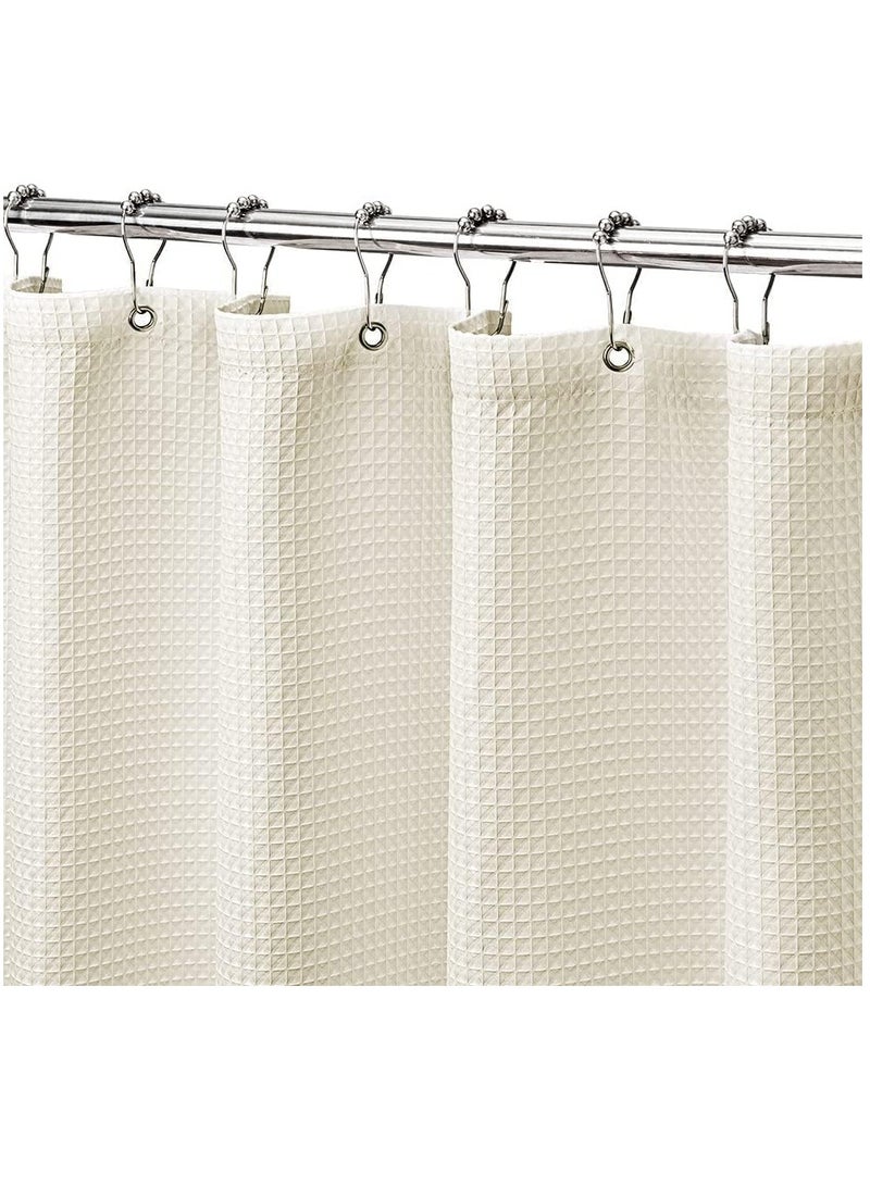 Premium Shower Curtain Thick Fabric Waffle Weave Design 5-Star Hotel Quality, Waterproof Mildew-proof No Smell Washable with 12 Plastic Hooks for Bathroom (Beige, 180 x 200cm)