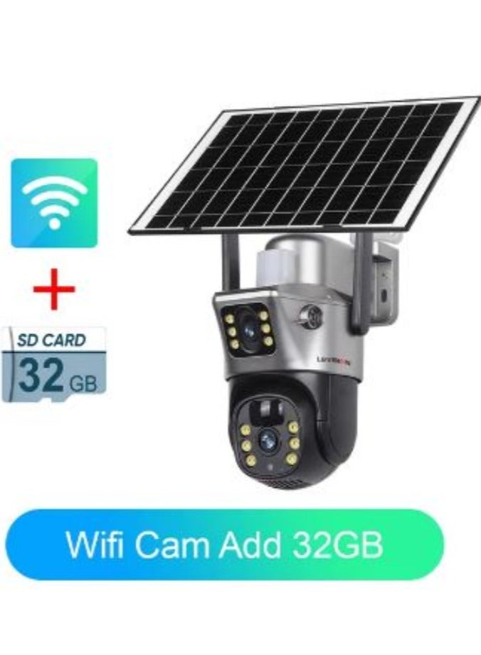 LS VISION Solar Camera Dual Lens WiFi 8MP 4K IP Camara Solar Panel CCTV Security Built in Battery PIR Cam V380 ( With 32GB Card)