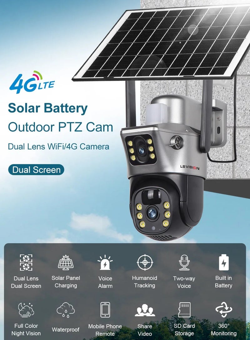 LS VISION Solar Camera 4G Sim Outdoor Dual Lens 8MP 4K IP Camara Solar Panel CCTV Security Built in Battery PIR Cam V380