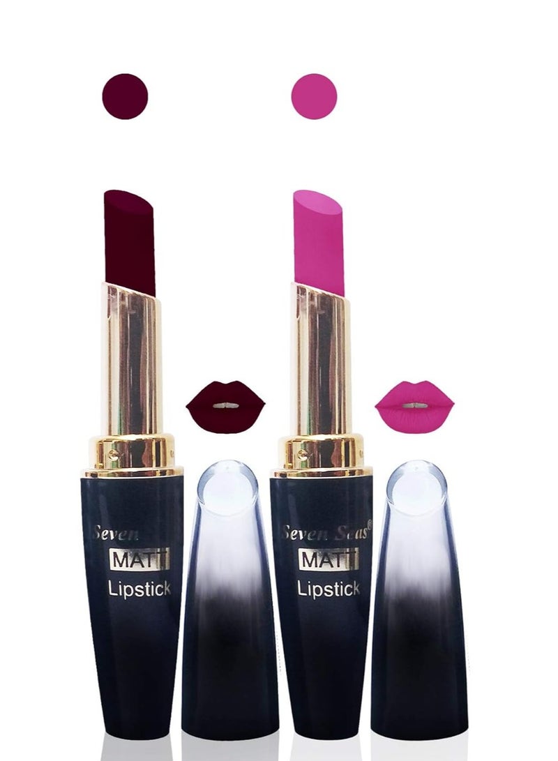 Seven Seas Cosmetics Makeup 4g Matte Lipstick Non Transfer  proff Combo Set of 2 Color  maroon l pink