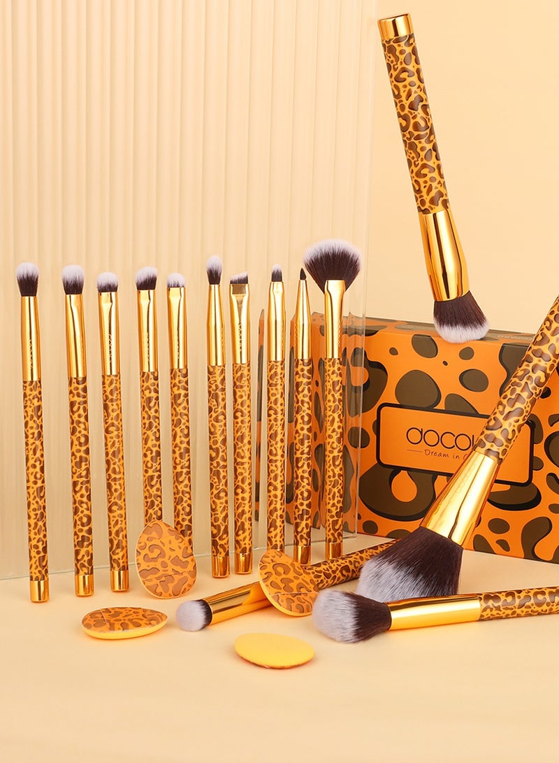 Makeup Brushes 14Pcs Leopard Makeup Brush Set with 4pcs Makeup Puffs Premium Synthetic Powder Foundation Contour Blush Concealer Eye Shadow Blending Make Up Brush Kit