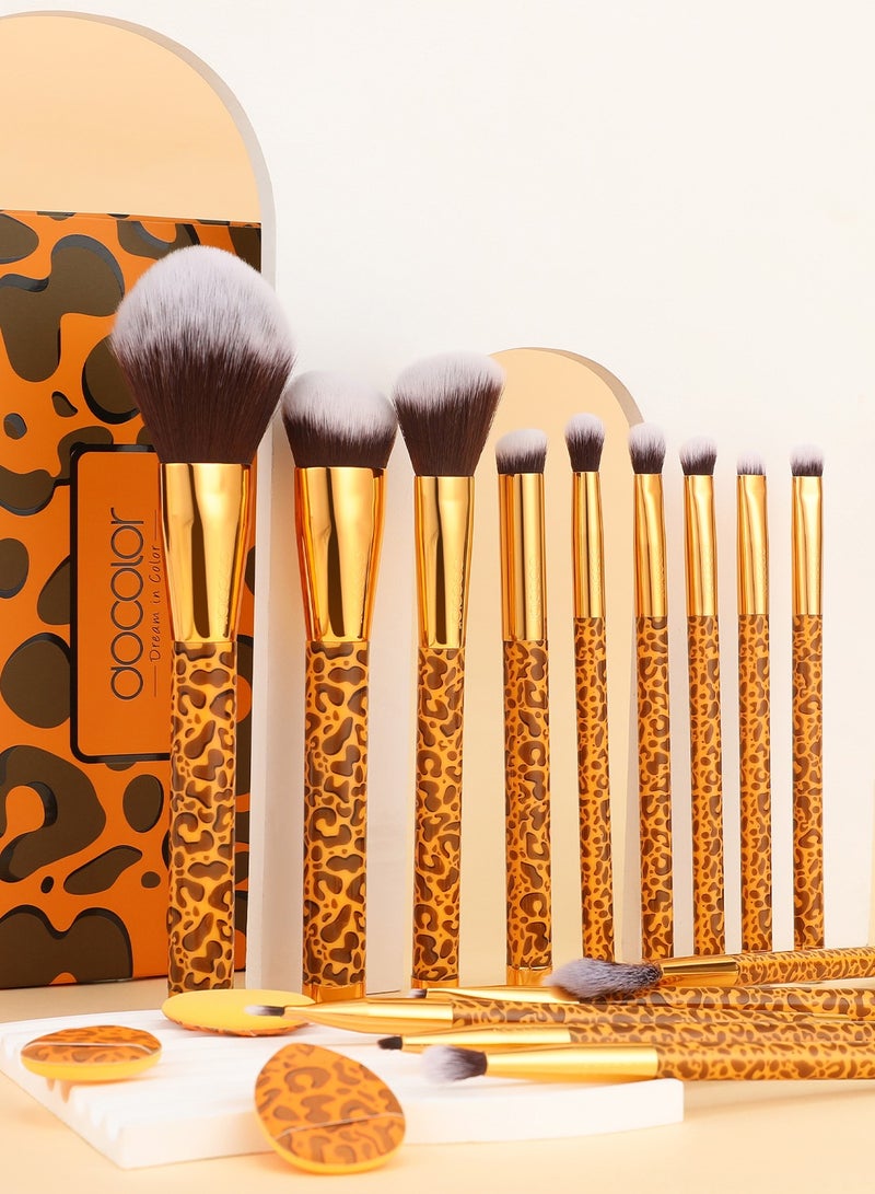 Makeup Brushes 14Pcs Leopard Makeup Brush Set with 4pcs Makeup Puffs Premium Synthetic Powder Foundation Contour Blush Concealer Eye Shadow Blending Make Up Brush Kit