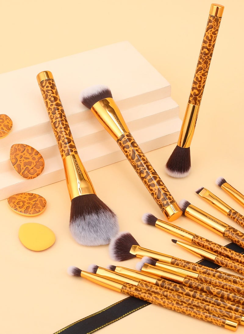 Makeup Brushes 14Pcs Leopard Makeup Brush Set with 4pcs Makeup Puffs Premium Synthetic Powder Foundation Contour Blush Concealer Eye Shadow Blending Make Up Brush Kit