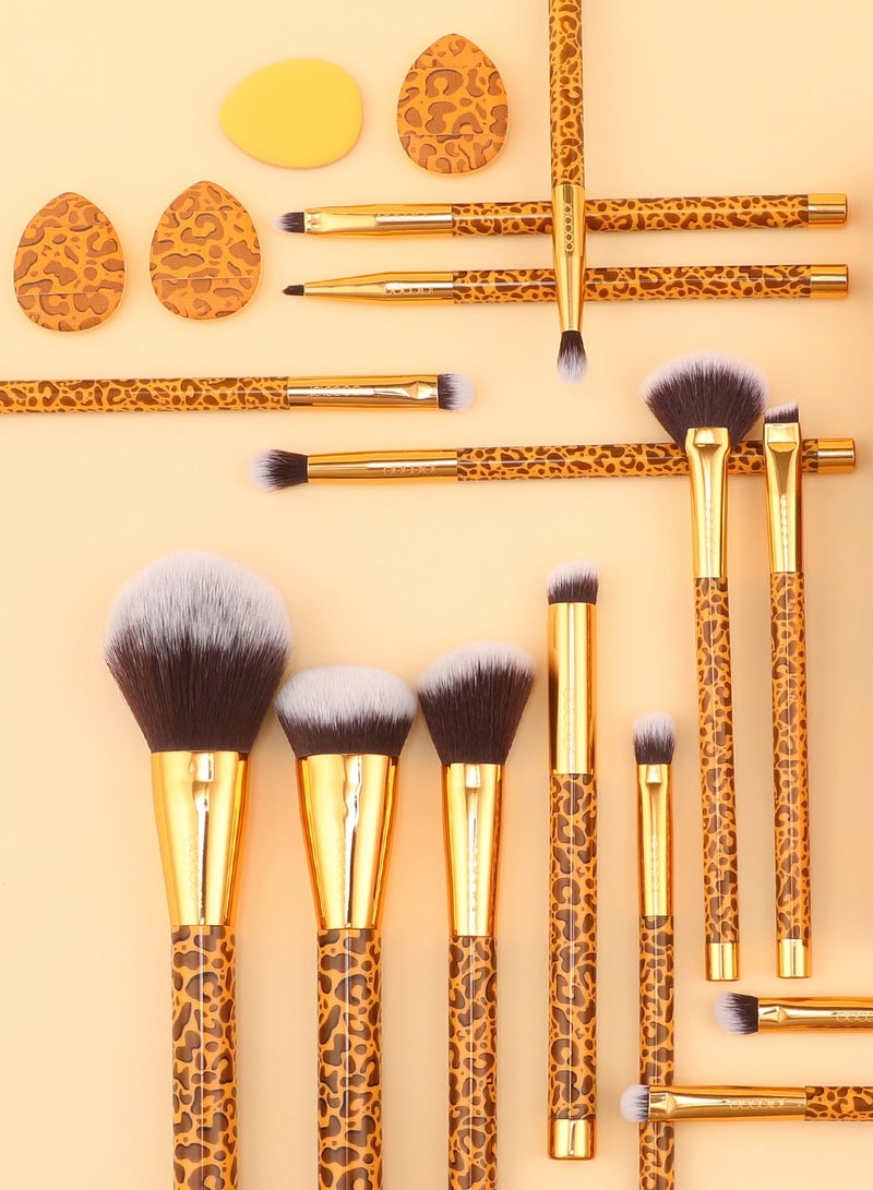 Makeup Brushes 14Pcs Leopard Makeup Brush Set with 4pcs Makeup Puffs Premium Synthetic Powder Foundation Contour Blush Concealer Eye Shadow Blending Make Up Brush Kit