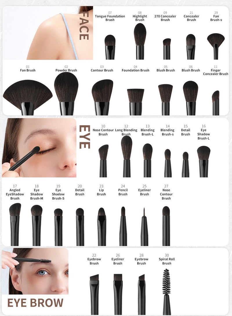 Makeup Brushes Set Professional 30Pcs Obsidian Makeup Brushes Premium Synthetic Powder Kabuki Foundation Contour Blush Concealer Eye Shadow Blending Eyeliner Crease Eyebrow Make Up Brush Kit