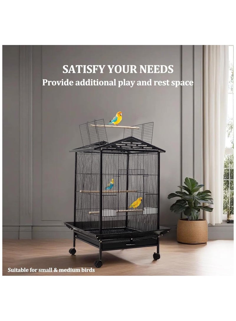 Bird cage opened roof play-top with feeding bowls and removable tray, Bird villa with wheels suitable for Love birds, Parakeets, and Small and medium birds 87cm (Black)