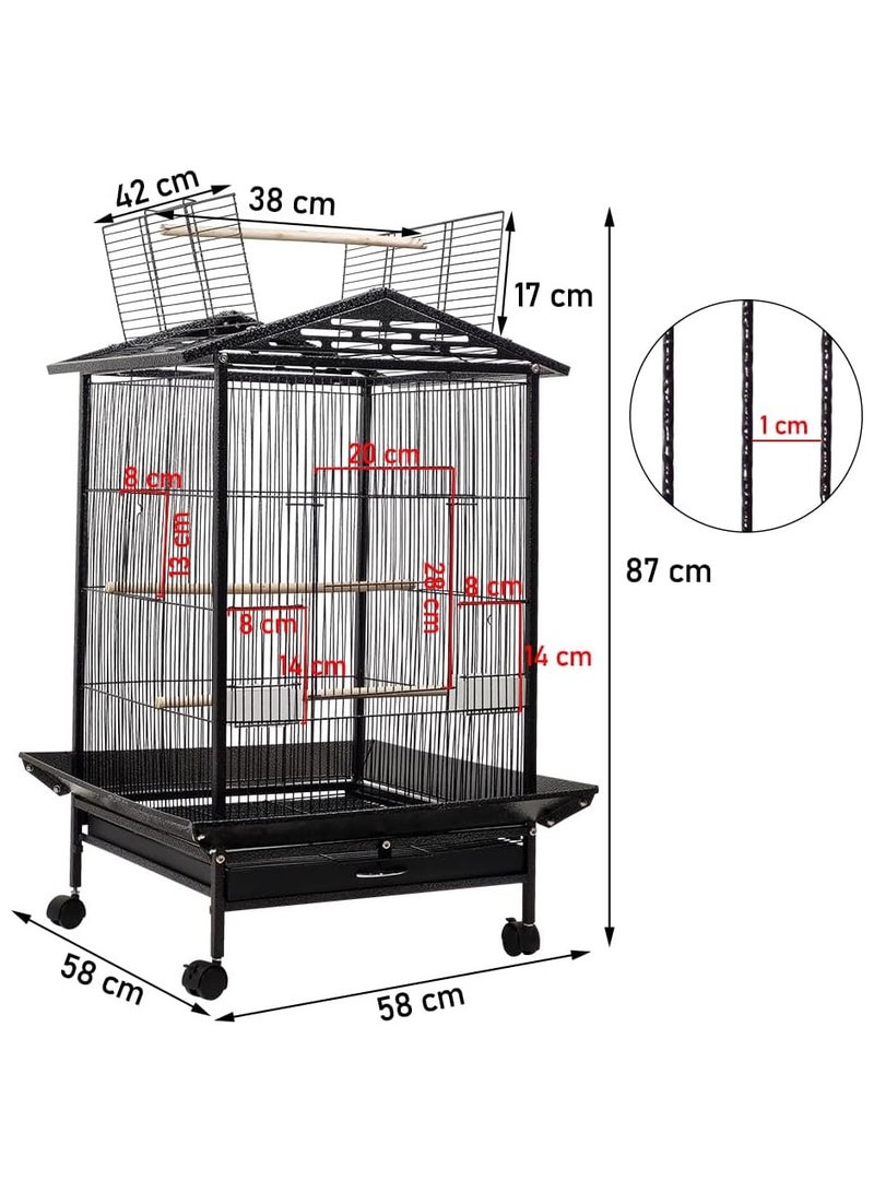 Bird cage opened roof play-top with feeding bowls and removable tray, Bird villa with wheels suitable for Love birds, Parakeets, and Small and medium birds 87cm (Black)