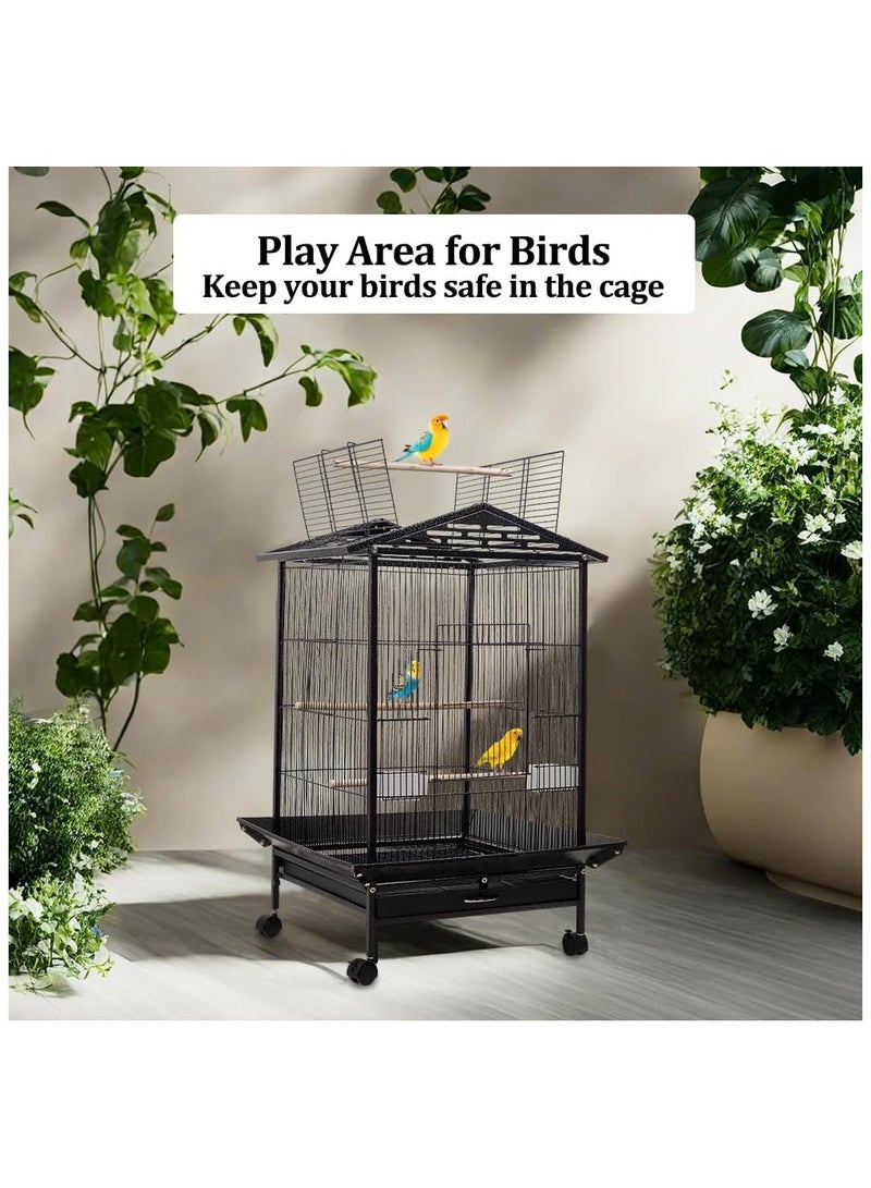 Bird cage opened roof play-top with feeding bowls and removable tray, Bird villa with wheels suitable for Love birds, Parakeets, and Small and medium birds 87cm (Black)