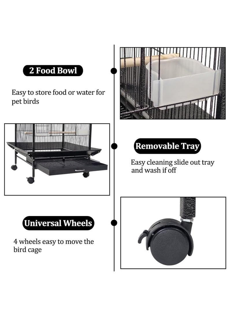 Bird cage opened roof play-top with feeding bowls and removable tray, Bird villa with wheels suitable for Love birds, Parakeets, and Small and medium birds 87cm (Black)