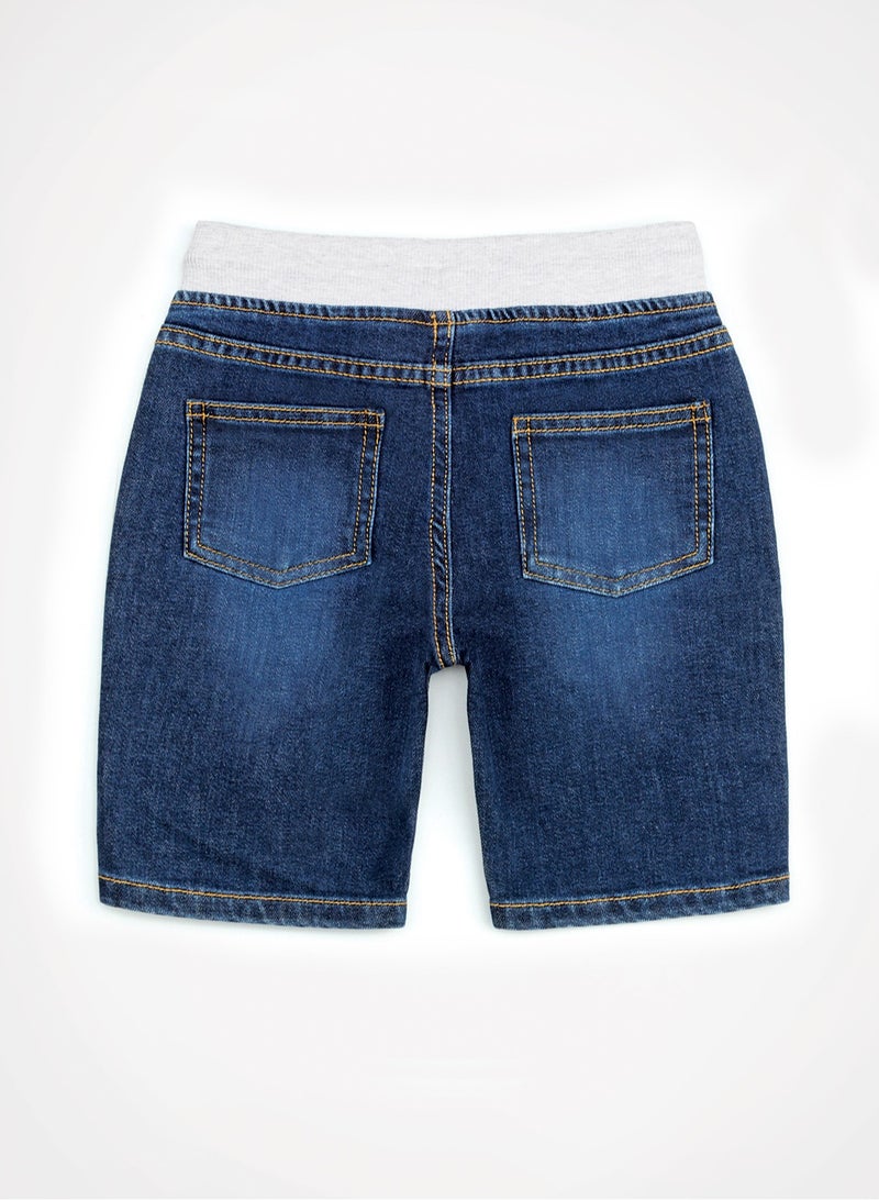 Web Denim Elastic Waistband With Drawstring Yellow Printed Cotton Denim Shorts Comfortable Textured Regular Boy's Shorts Stylish Shorts