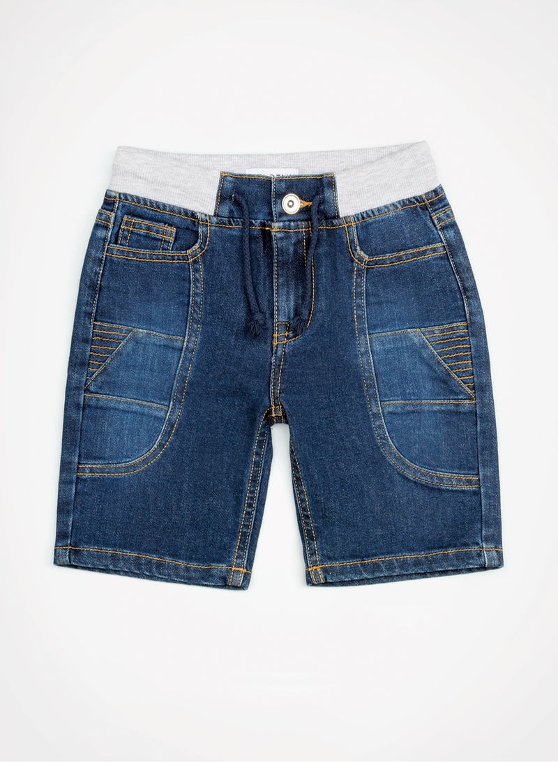 Web Denim Elastic Waistband With Drawstring Yellow Printed Cotton Denim Shorts Comfortable Textured Regular Boy's Shorts Stylish Shorts