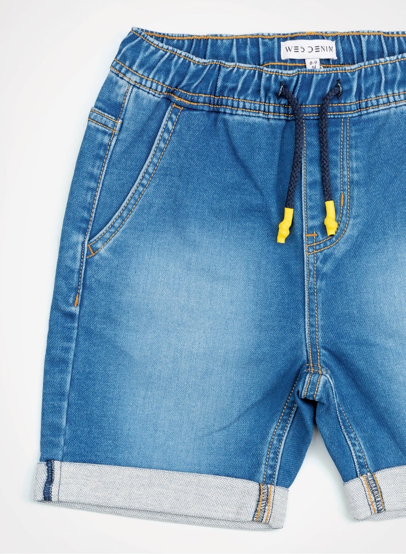 Web Denim Elastic Waistband With Drawstring Yellow Printed Cotton Denim Shorts Comfortable Textured Regular Boy's Shorts Stylish Shorts