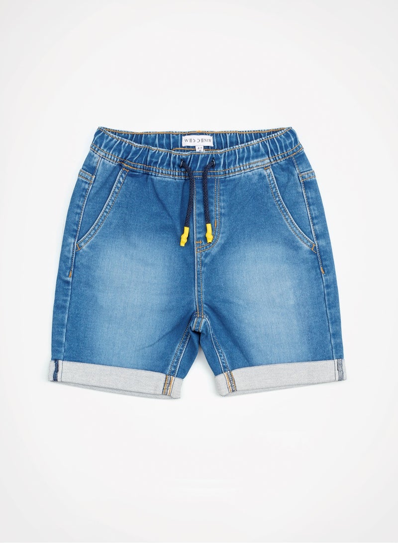 Web Denim Elastic Waistband With Drawstring Yellow Printed Cotton Denim Shorts Comfortable Textured Regular Boy's Shorts Stylish Shorts