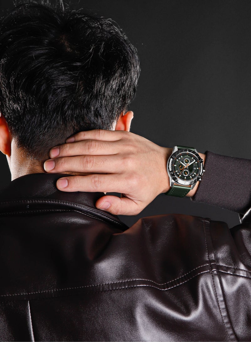 Genuine Leather Band Quartz Chronograph Wrist Watch For Men NF8055 S/GN/GN