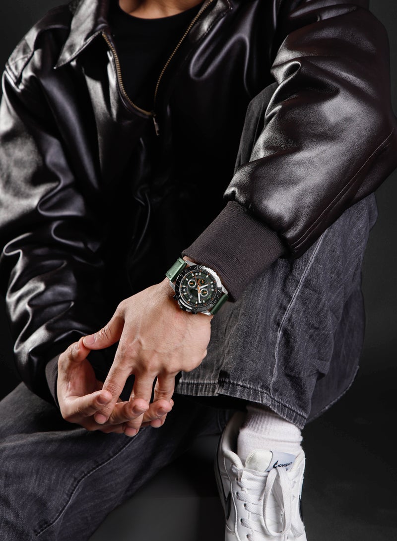 Genuine Leather Band Quartz Chronograph Wrist Watch For Men NF8055 S/GN/GN