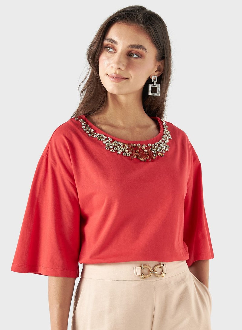 Embellished Crew Neck Top