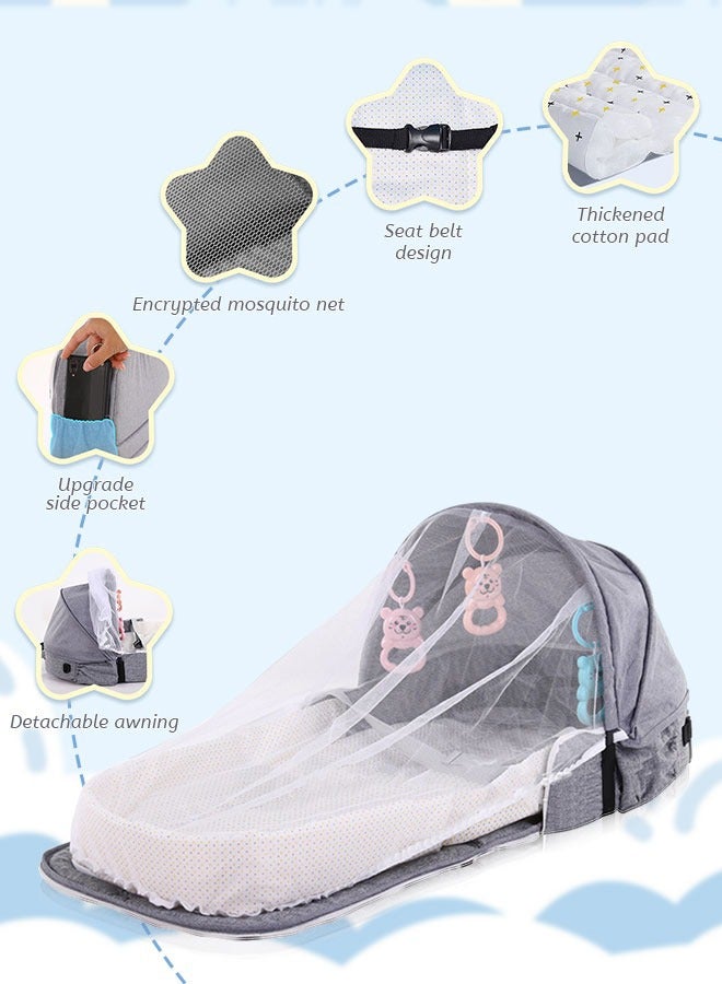 Baby Travel Cot with Mosquito Net and Awning, Foldable Baby Tent, Washable Crib Bionic Travel Bed Breathable Cradle Cot, Portable Baby Cot, Foldable Baby Cot with Mosquito Net (Grey)