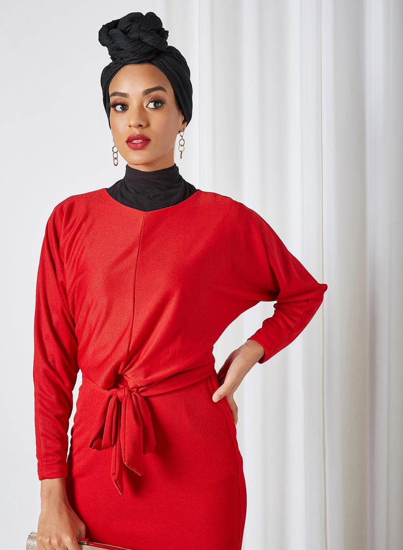 Belted Waist Dress Red