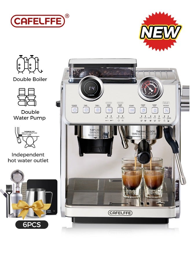 Barista Espresso Machine With Double Boilers And Double Pumps Household And Commercial Dual Use Espresso Coffee Maker With Grinder All-In-One 2.5L White