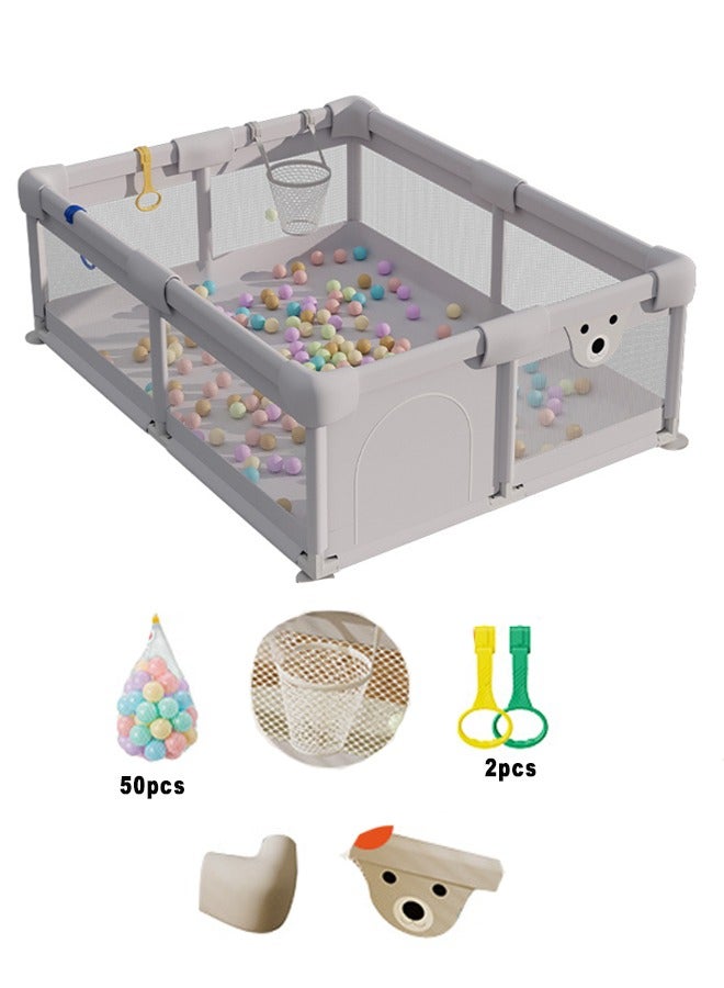 Baby Playpen Fence With Playmat, Infant Indoor And Outdoor Kids Activity Center With 50 Pieces Ocean Balls, 3 Toys, 120x150 cm