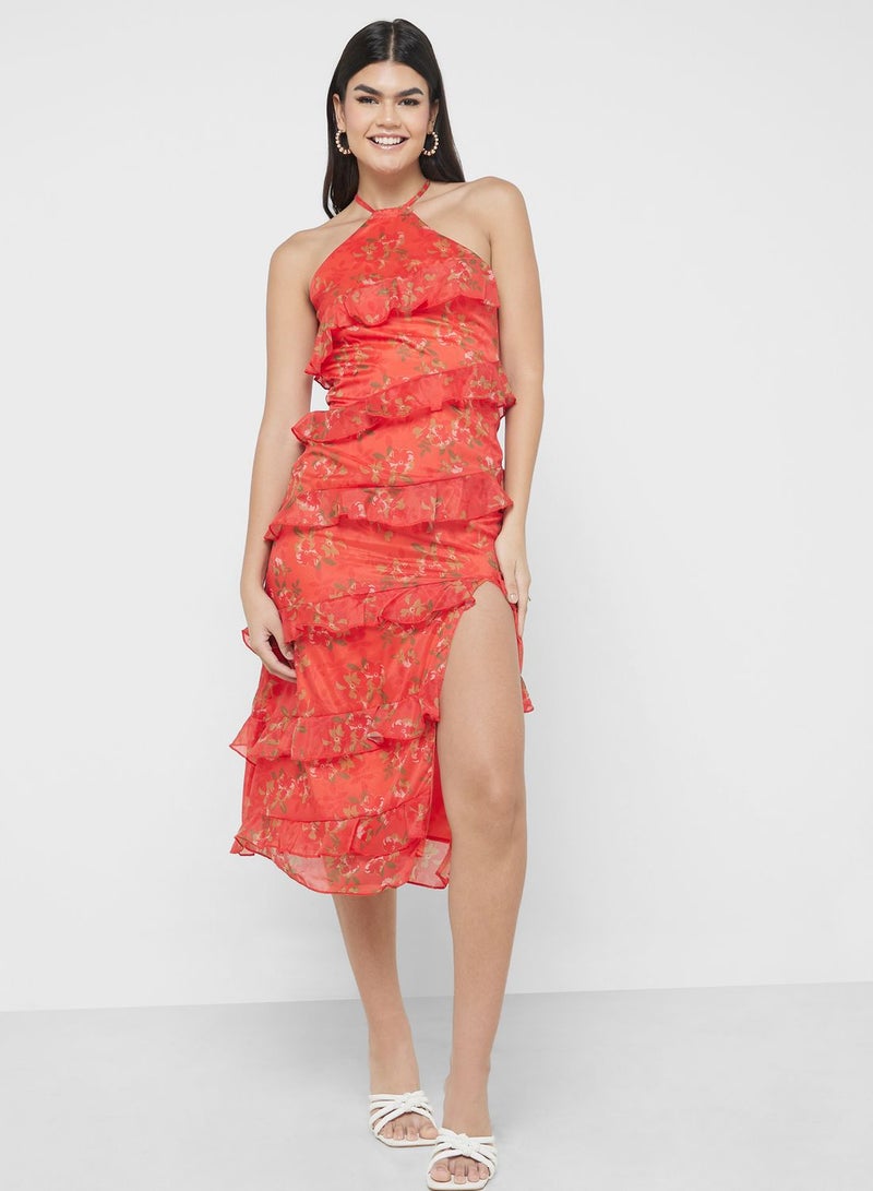 Tiered Halter Printed Dress With Slit