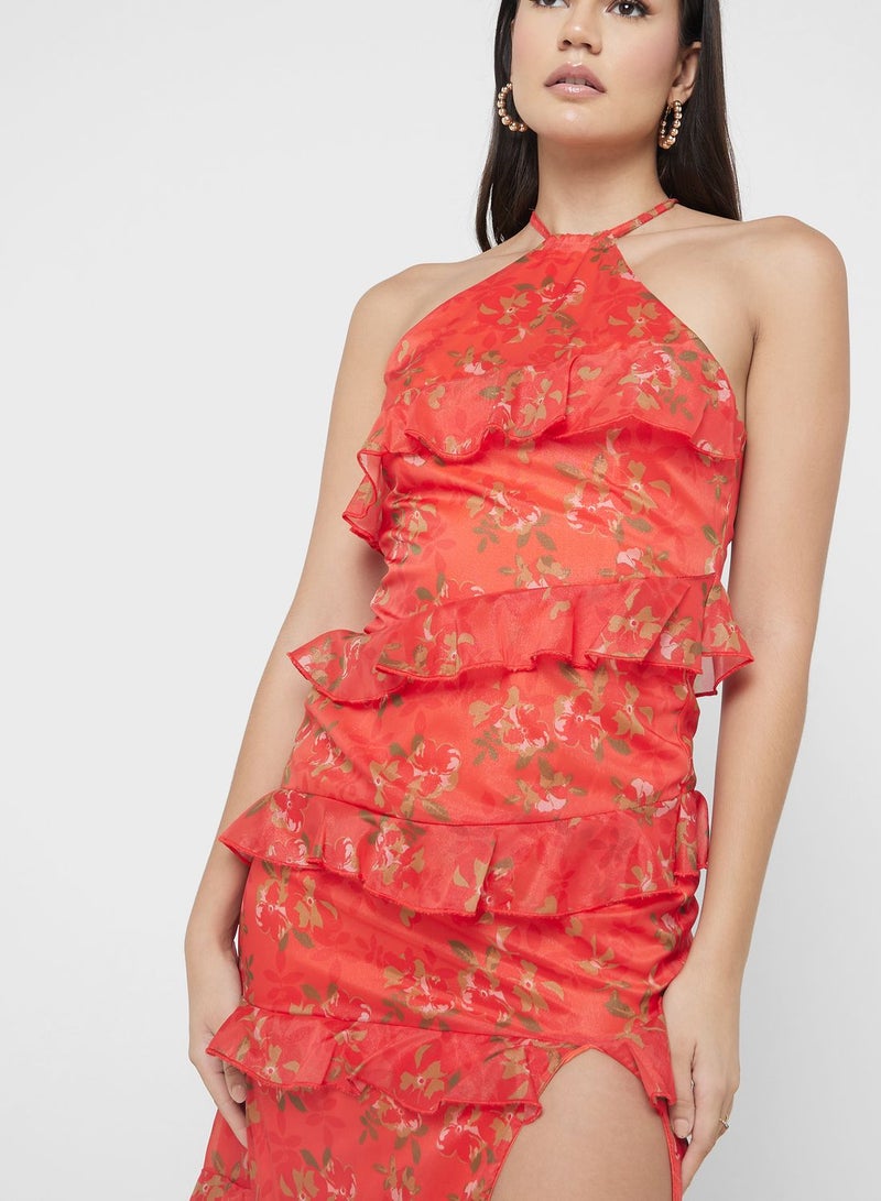 Tiered Halter Printed Dress With Slit