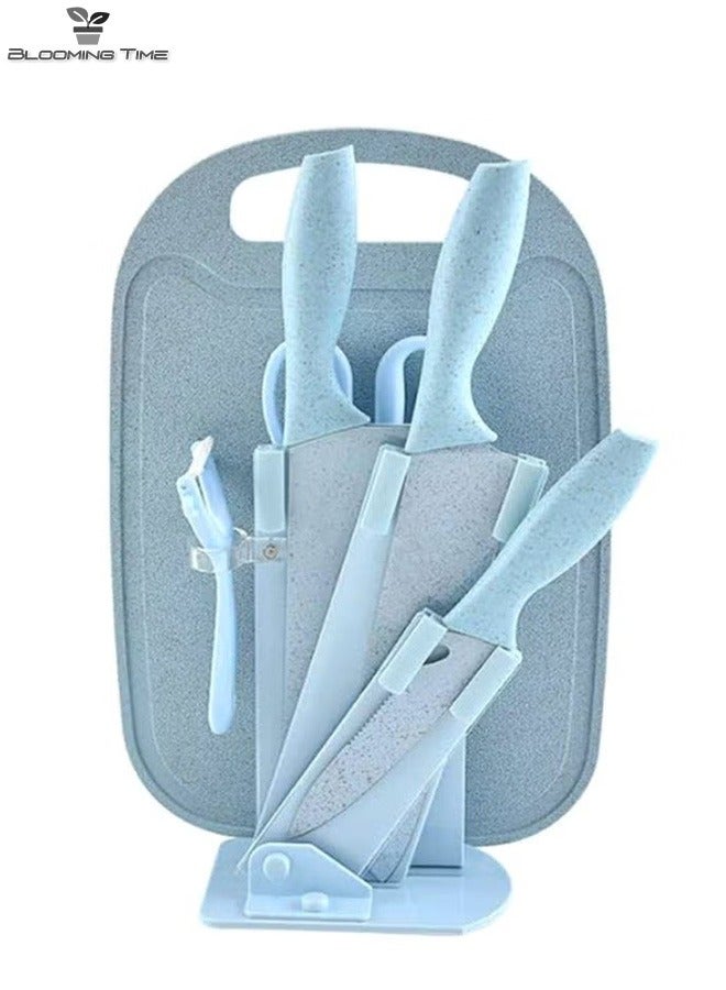 7-Piece Wheat Straw Kitchen Knife Set, Used In Various Types Of Classification, Blue