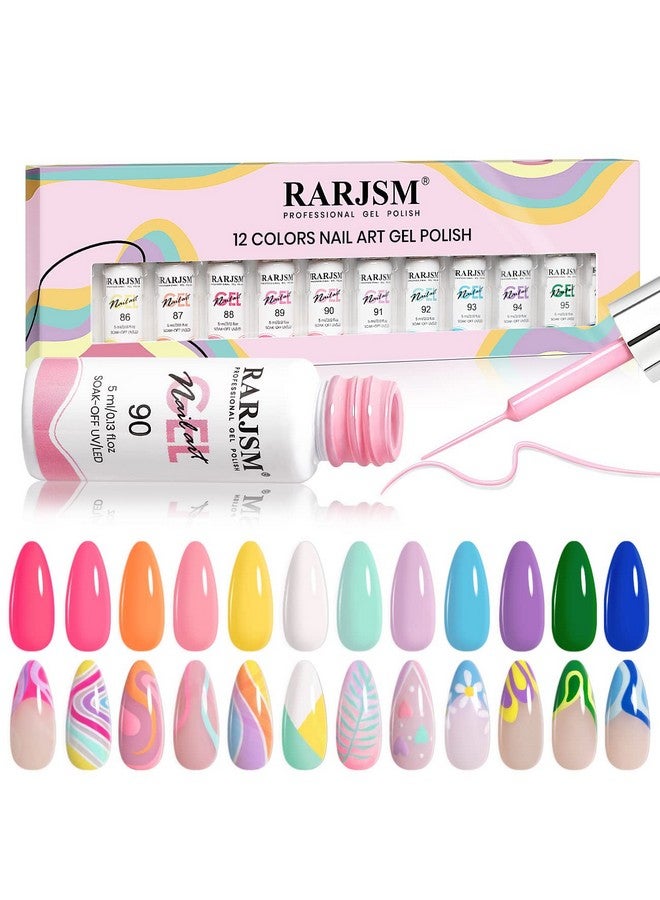 Gel Liner Nail Art Polish Set12 Colors Candy Pastel Painting Gel Spring Summer Line Art Gel Built In Thin Skinny Nail Art Brush Soak Off Curing Needed 5Ml For Home Salon Nail Design