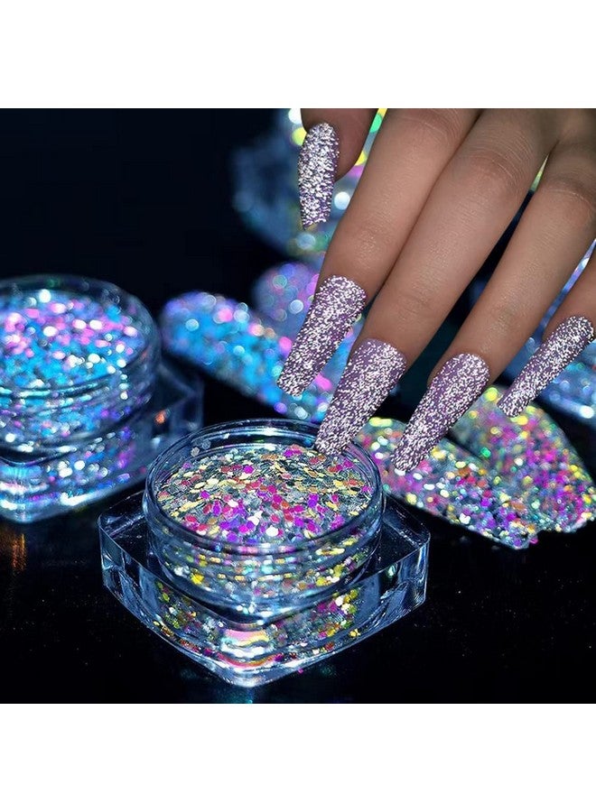 6 Color Nail Art Gliiter Holographic Flakes Nail Diamonds For Nail Art Reflective Glitter Nail Powder For Women And Girls