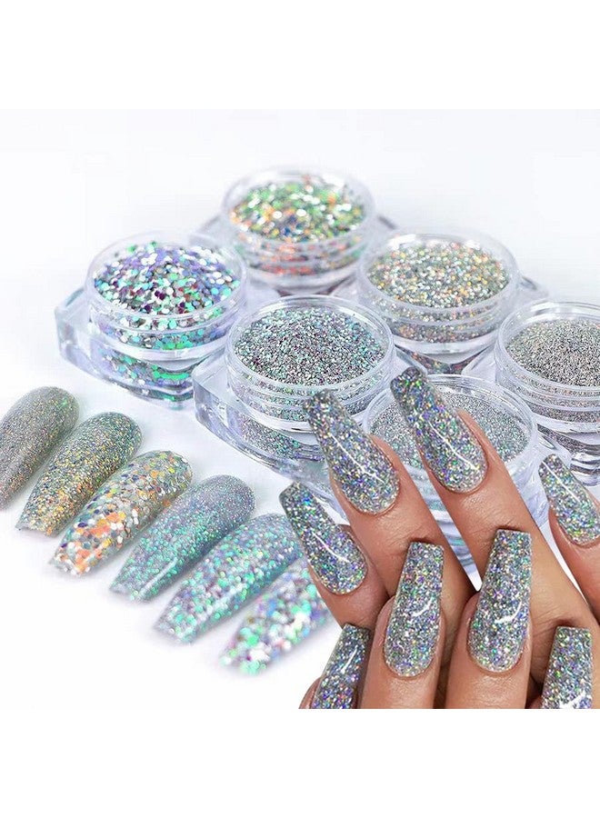 6 Color Nail Art Gliiter Holographic Flakes Nail Diamonds For Nail Art Reflective Glitter Nail Powder For Women And Girls