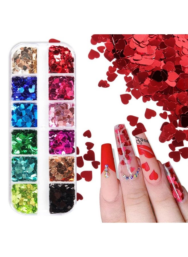 Heart Glitter Sequins For Valentine'S Day Nail Art12 Colors 3D Holographic Sparkles Heart Shape Flakes Sticker Confetti Glitter Nail Decals For Nail Decoration Eye Face Body Diy Crafts