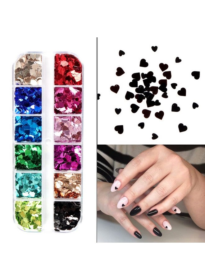Heart Glitter Sequins For Valentine'S Day Nail Art12 Colors 3D Holographic Sparkles Heart Shape Flakes Sticker Confetti Glitter Nail Decals For Nail Decoration Eye Face Body Diy Crafts