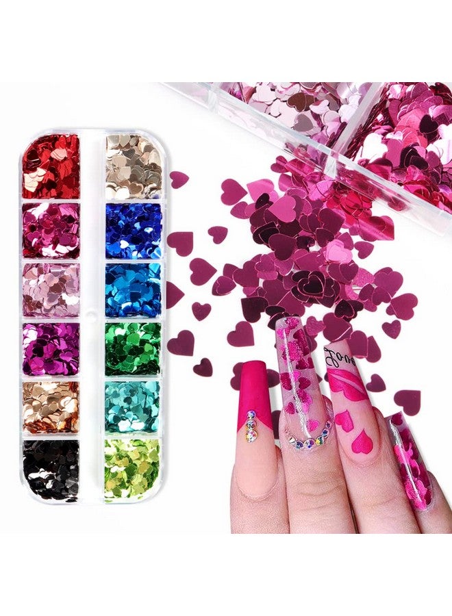 Heart Glitter Sequins For Valentine'S Day Nail Art12 Colors 3D Holographic Sparkles Heart Shape Flakes Sticker Confetti Glitter Nail Decals For Nail Decoration Eye Face Body Diy Crafts