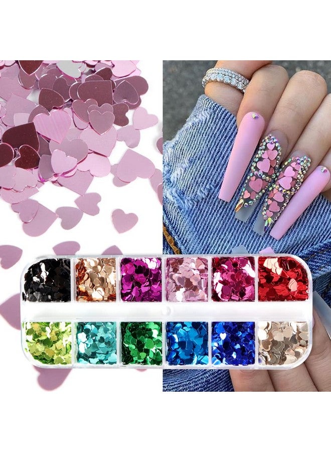 Heart Glitter Sequins For Valentine'S Day Nail Art12 Colors 3D Holographic Sparkles Heart Shape Flakes Sticker Confetti Glitter Nail Decals For Nail Decoration Eye Face Body Diy Crafts