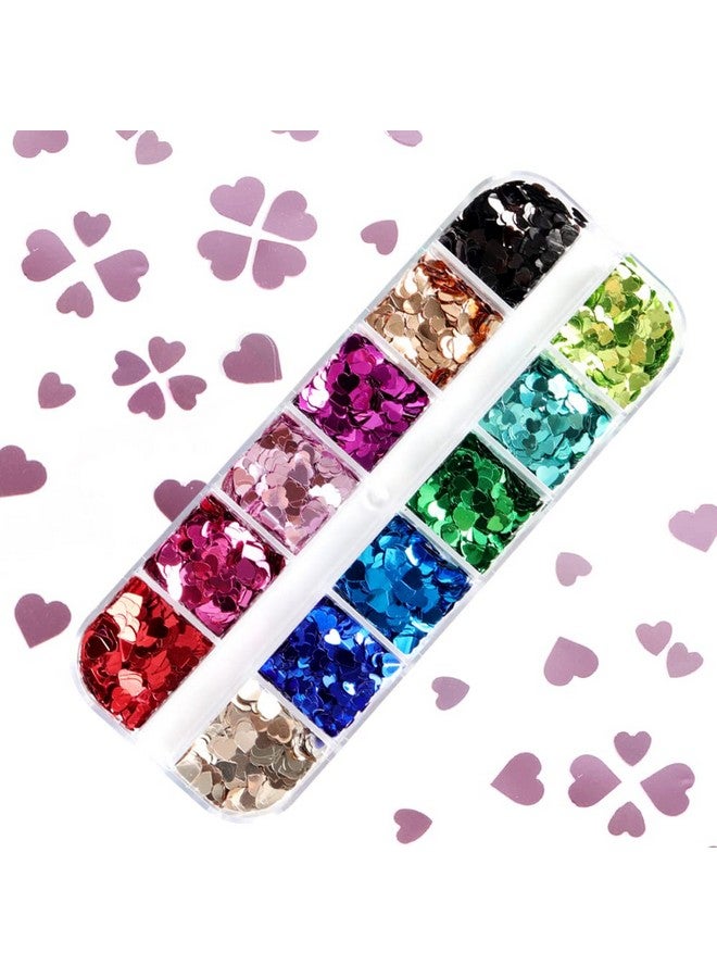 Heart Glitter Sequins For Valentine'S Day Nail Art12 Colors 3D Holographic Sparkles Heart Shape Flakes Sticker Confetti Glitter Nail Decals For Nail Decoration Eye Face Body Diy Crafts