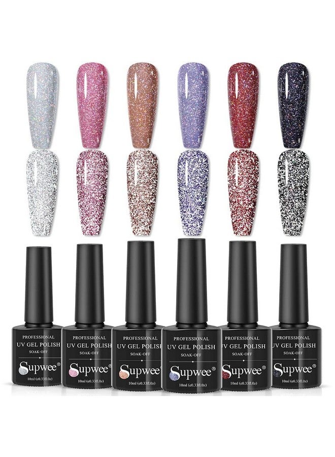 Reflective Glitter Gel Polish Set Sparkly Shiny Holographic Gel Nail Polish Disco Diamond Nail Polish Gel For Party Manicure Soack Off Uv Gel 6 Colors 10Ml(0.33Fl Oz)