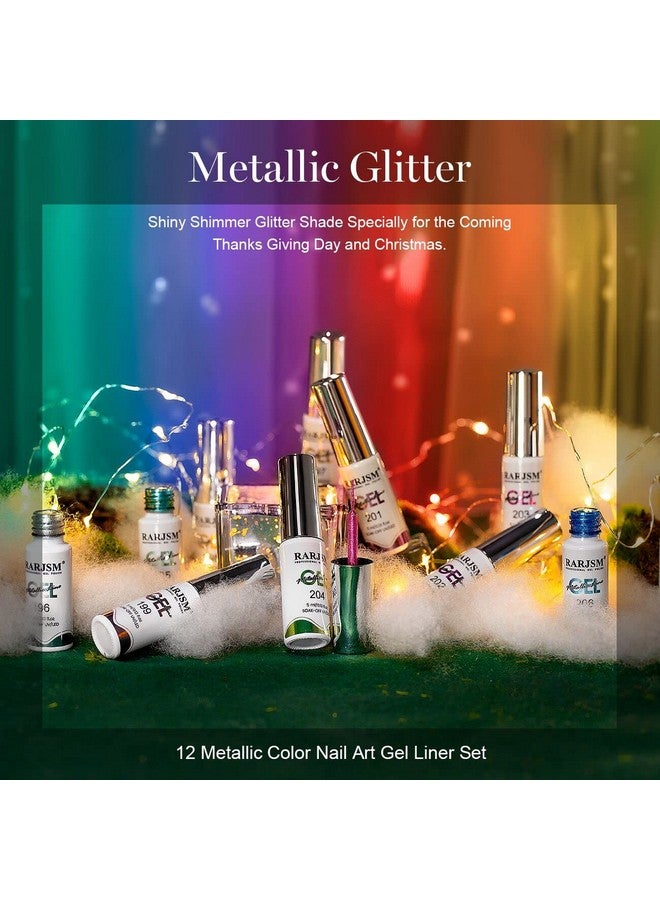 Metallic Nail Art Gel Liner Black Silver Rose Gold Blue Green Red Glitter Painted Gel Nail Polish Set Soak Off 12 Colors 5Ml Uv Led Curing Require For Diy At Home Nail Salon Manicure Design