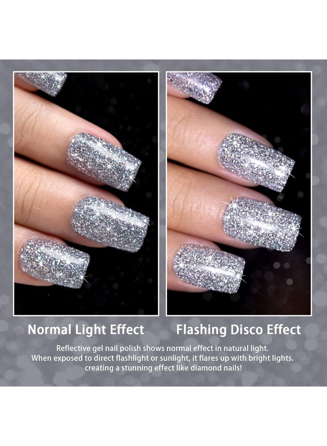 Reflective Glitter Gel Polish Bright Silver Pigments 7.5Ml Holographic Rainbow Iridescent Shimmer Led Uv Soak Off Sparkle Diamond Gel Polish Nail Art Manicure Salon Diy At Home 1Pcs