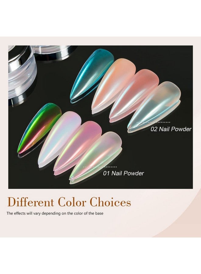 Prettydiva Aurora Chrome Nail Powder 2 Colors Pearl Chrome Nail Powder With Multi Color Shifting Metallic Powders Mirror Effect Magic Moonlight Effect White Iridescent Pigment Powder For Nails