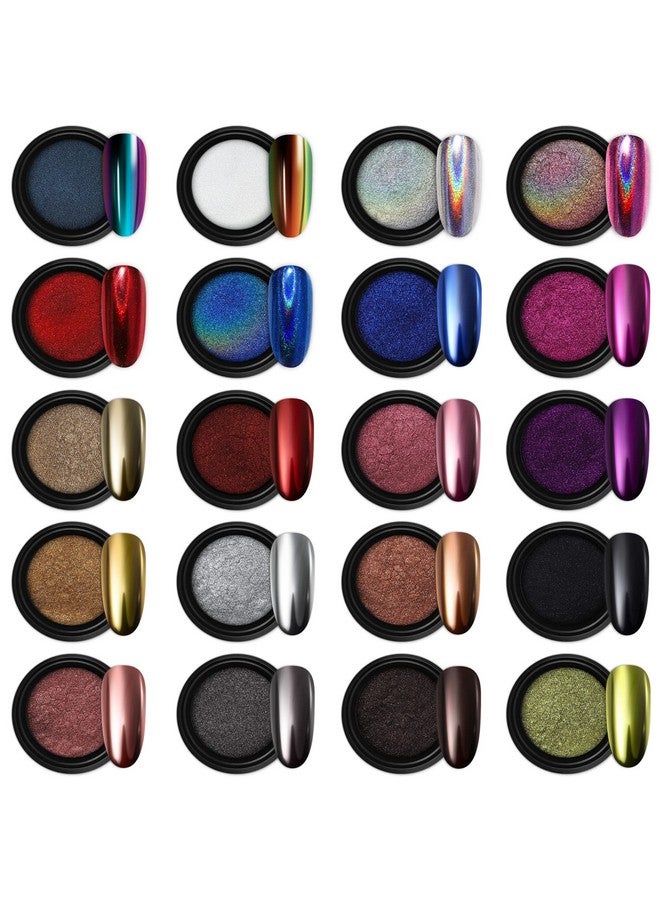20 Jars Chrome Nail Powder Set Metallic Mirror Effect Holographic Aurora Chameleon Pigment 1G/Jar For Nail Art Glitters Gel Polish Supply Mermaid Unicorn Kit